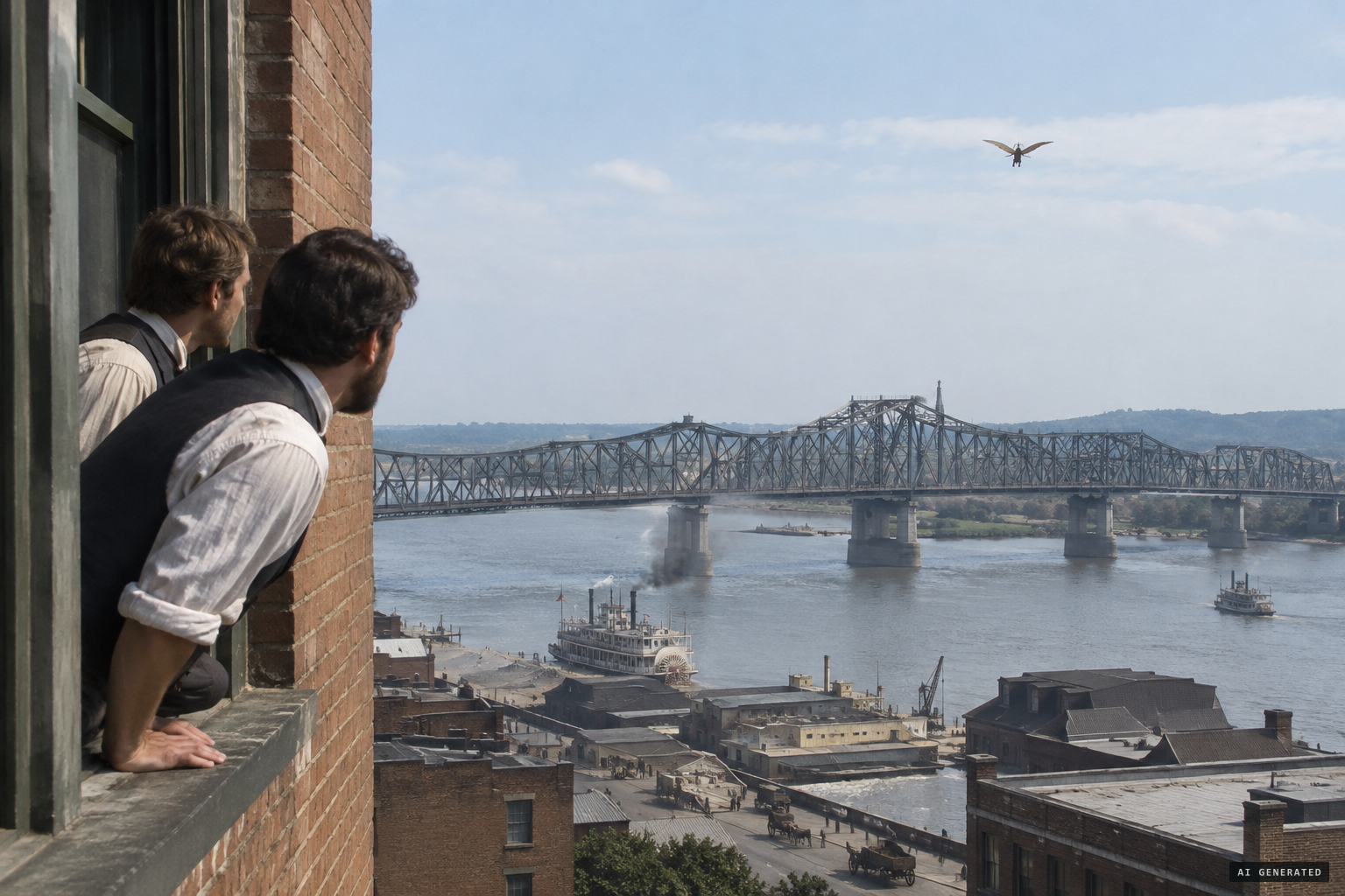 Two Louisville men see a distant flying machine near the Ohio River bridge