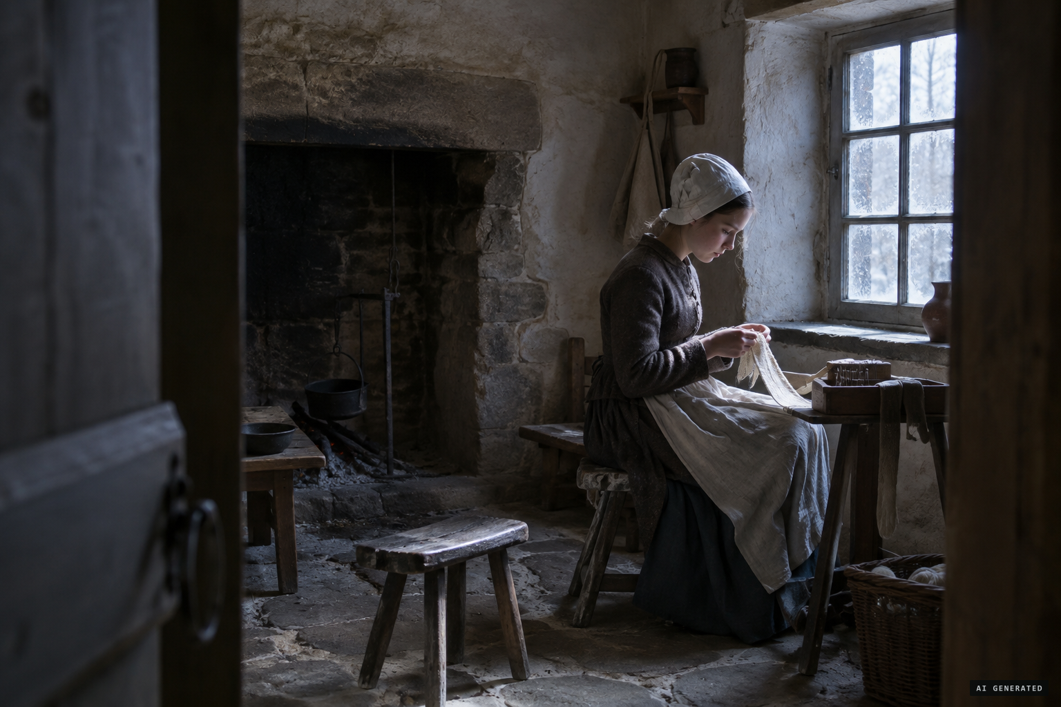 Angélique Cottin, a 14-year-old glove weaver, in her family's poor cottage at Bouvigny