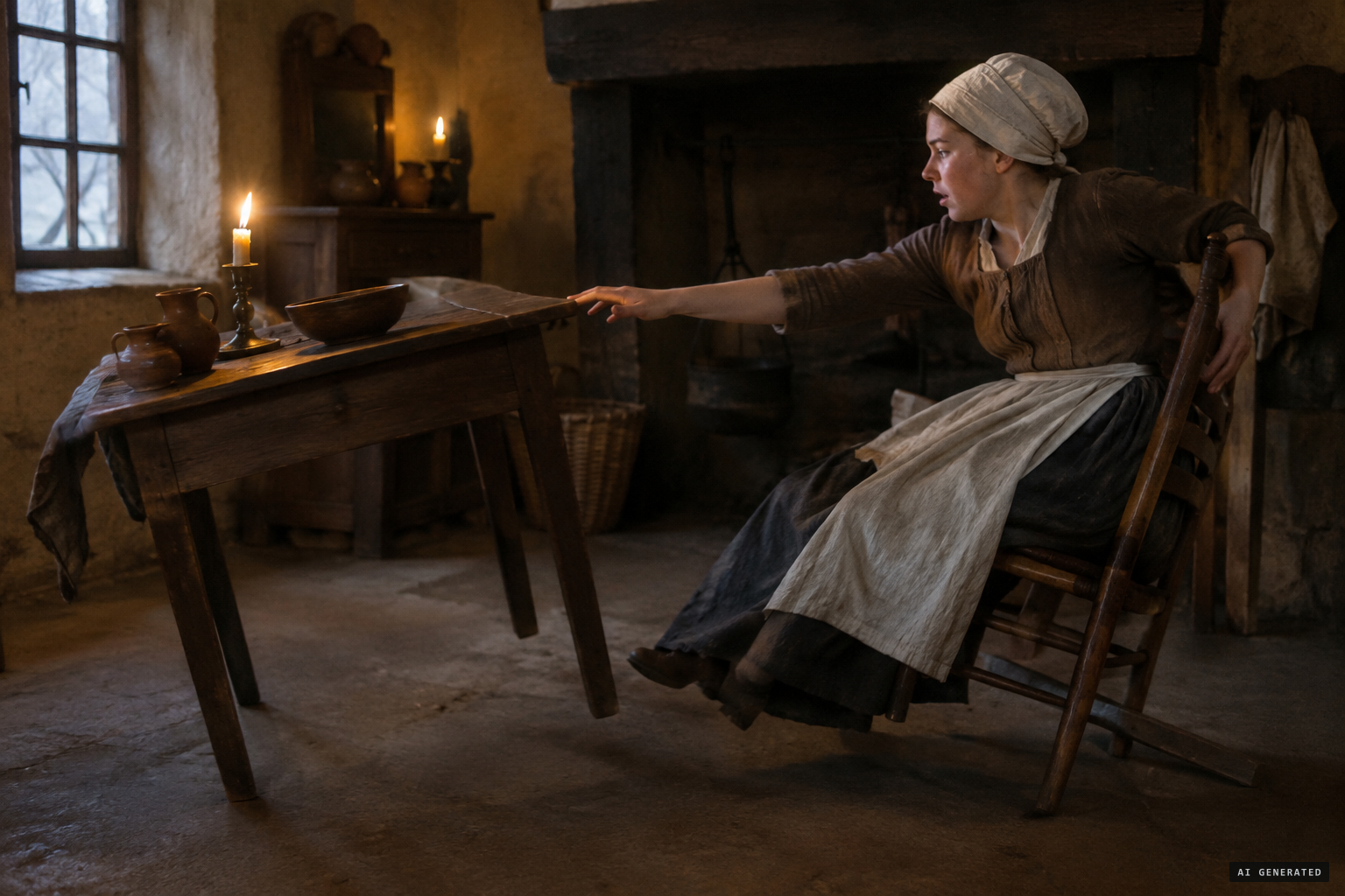 The oak table retreats from her touch and her chair rocks the other way