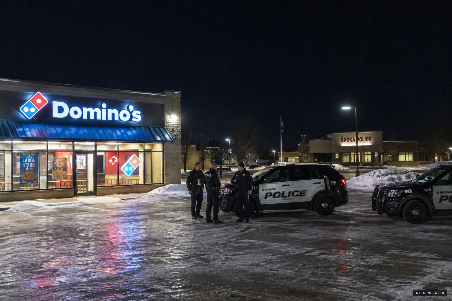 Anoka police employees hold an after-action briefing in a Domino's parking lot after training