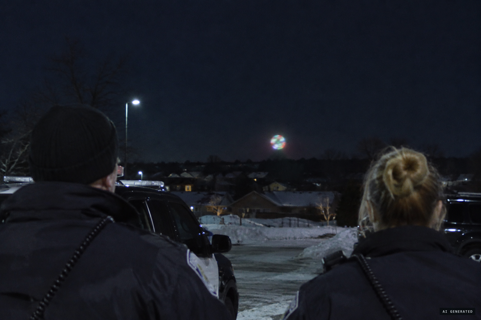 A sphere low on the western horizon flashes red, blue, green and white like a tie-dye shirt in motion