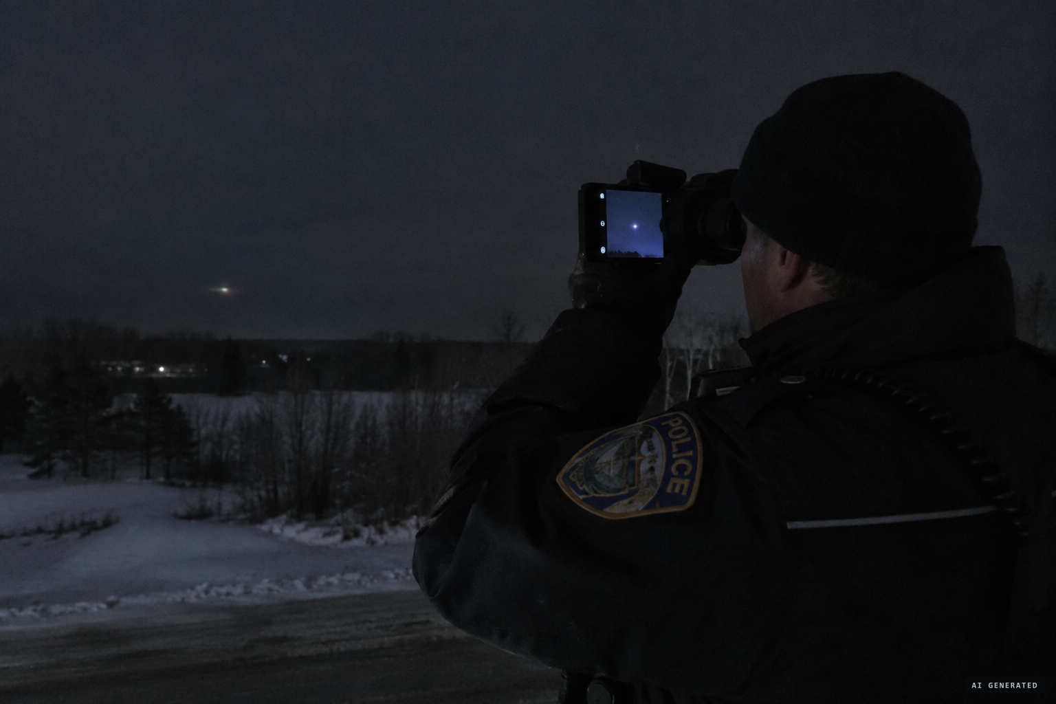 An officer films the object through binoculars with his iPhone