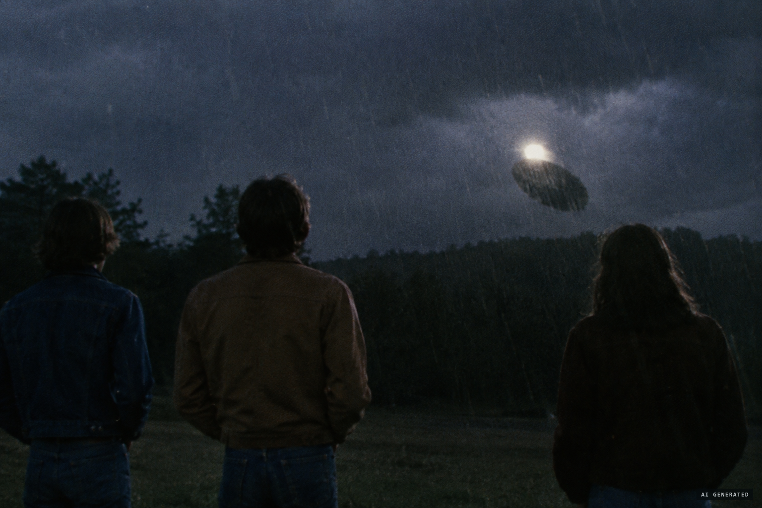 Three teenagers see an egg-shaped object, its top lit by a white light