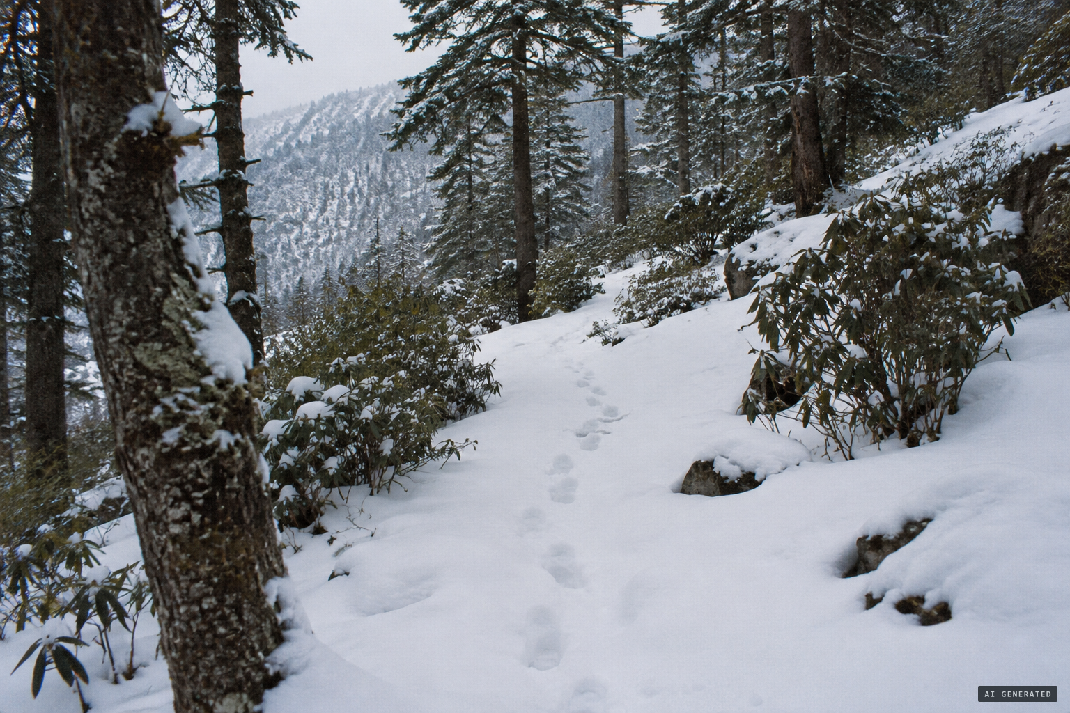 A trail of prints leading through the snow from bush to bush