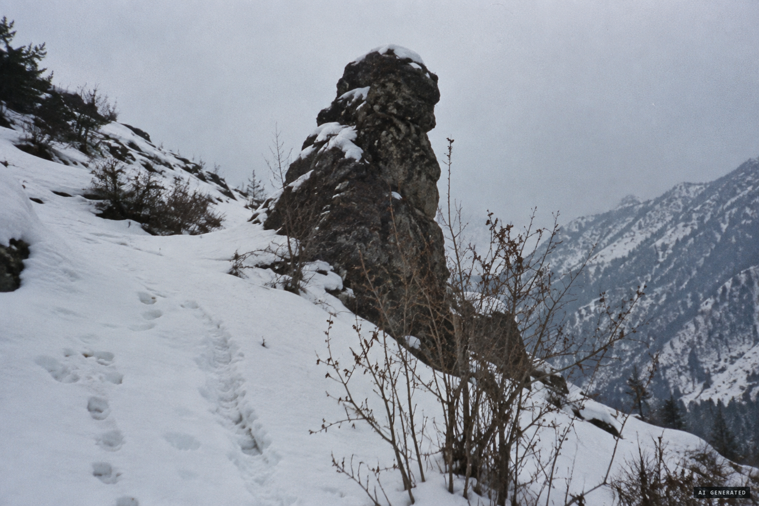 A dark rock, seen from below, had looked like a hair-covered figure