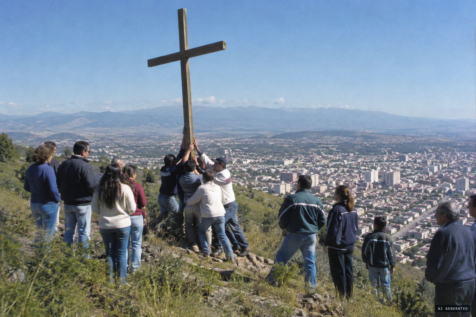A cross is placed on the second hill, 1 May 2001