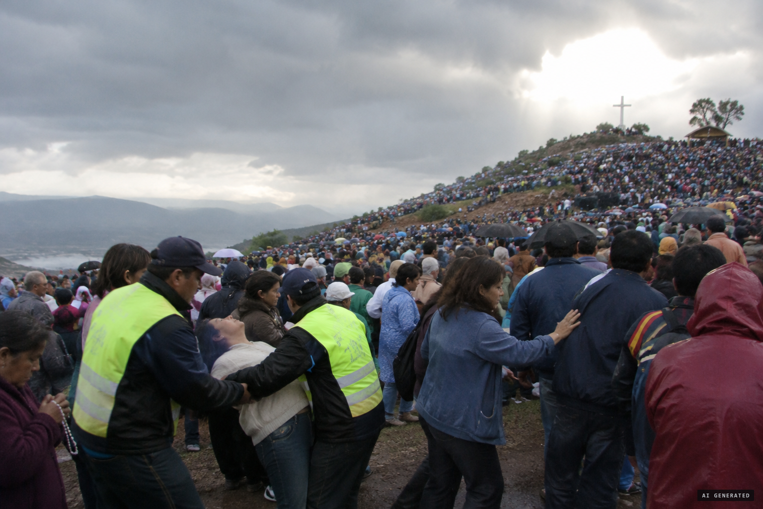 Pilgrims faint and are caught by volunteers as the seer passes