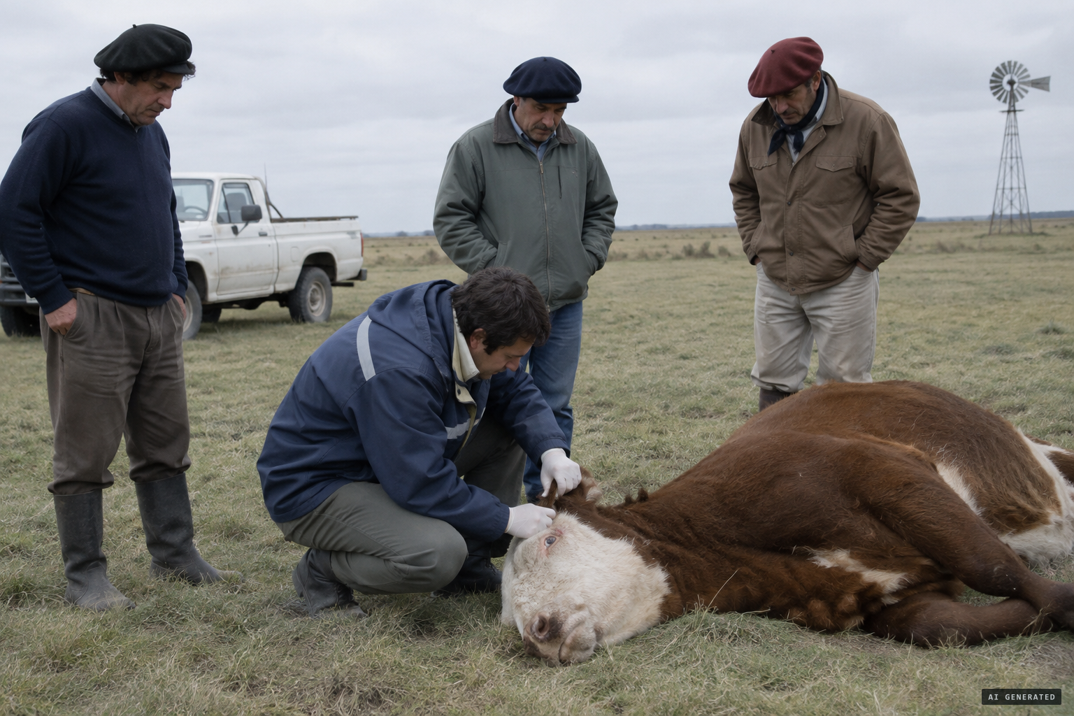A SENASA vet examines a carcass: no blood, no tracks
