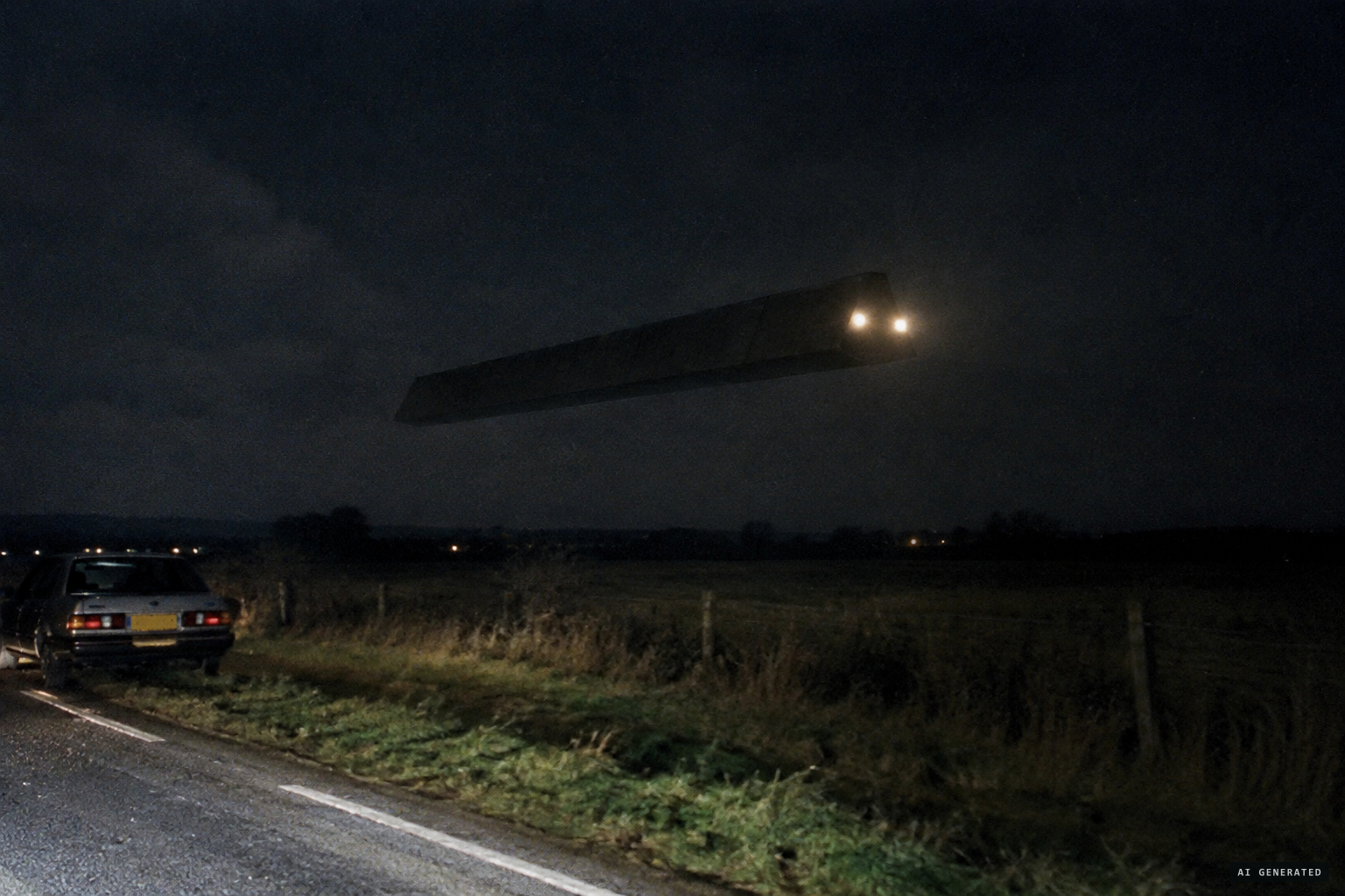 A long, Toblerone-shaped triangular prism hanging in the dark