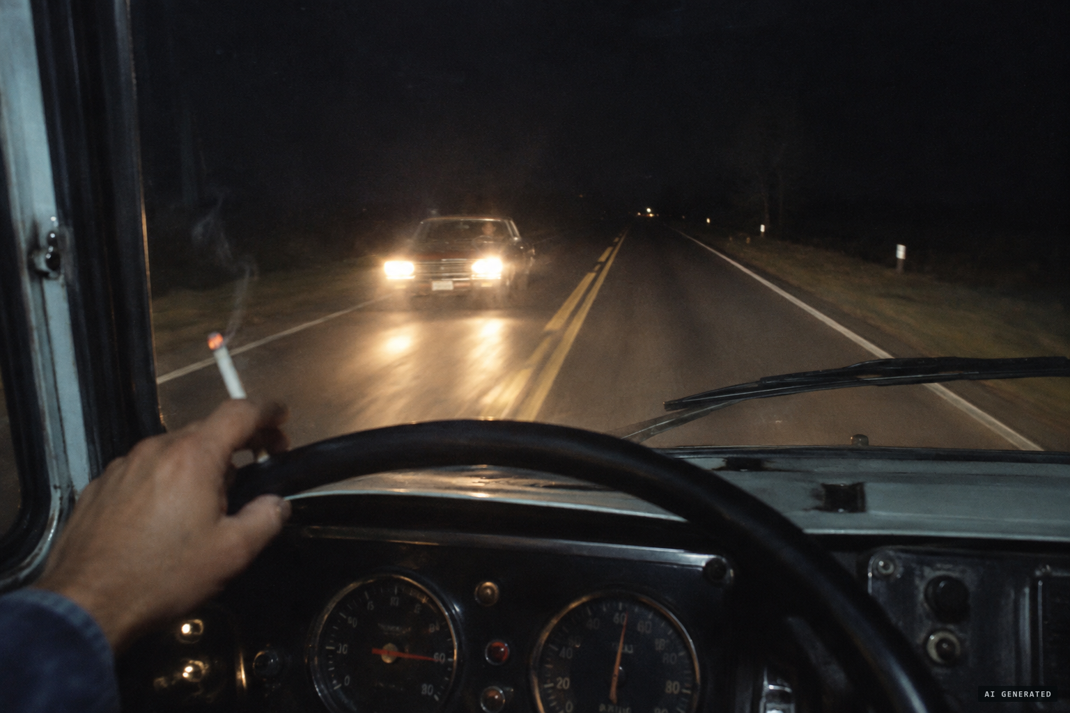 Leaving Arroyito, an oncoming vehicle's high beams flood the cab