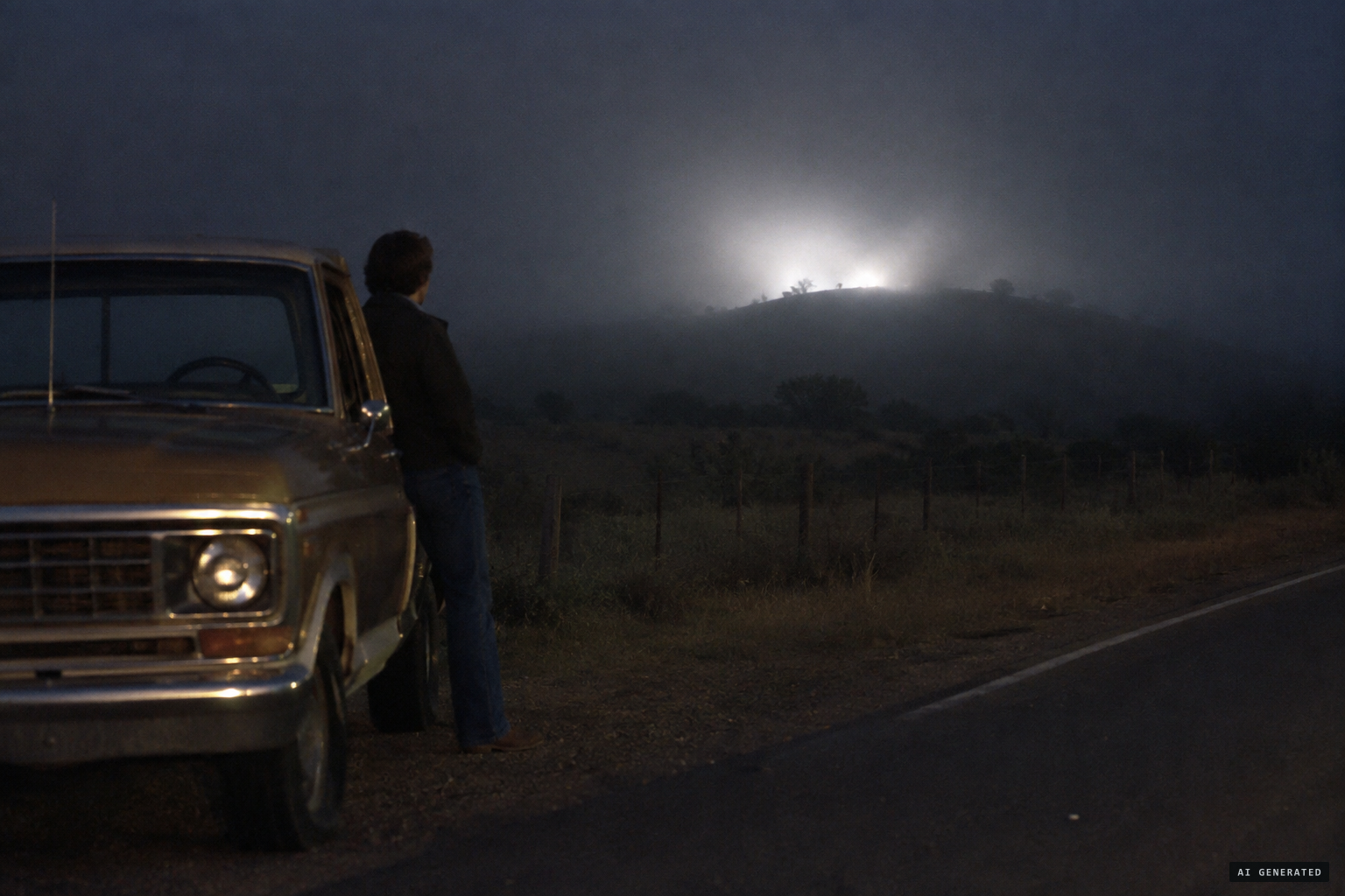 An intense, diffuse luminosity surrounded by mist on the hill