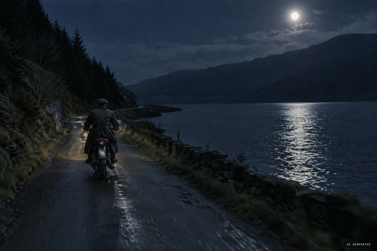 About 1 a.m., Grant rides toward Abriachan under the moon