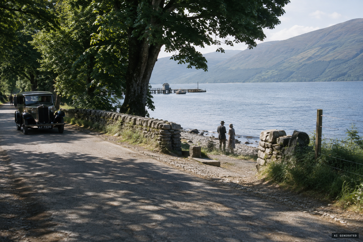 Unfenced boundaries near a shadowed stretch of road