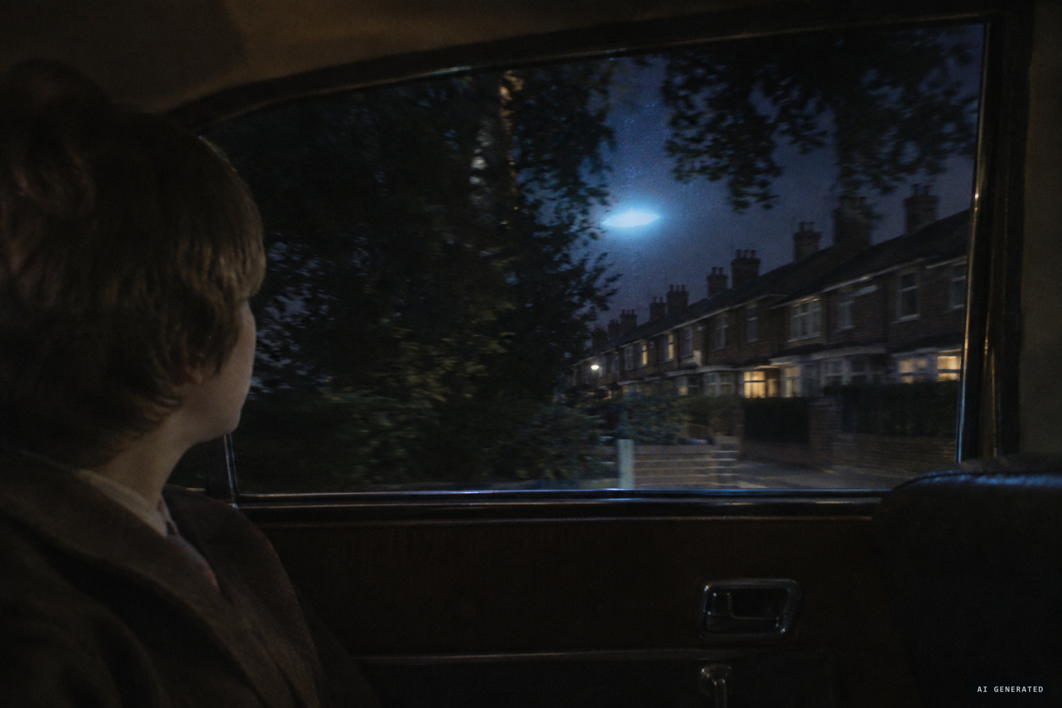 Kevin sees an oval pale blue light pacing the car over the houses