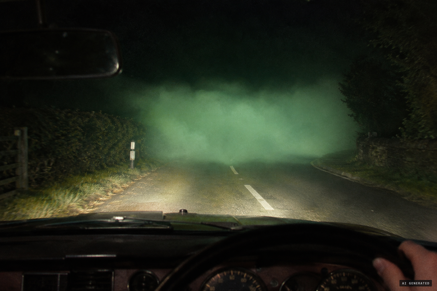 A dense green mist banked across the road at the bend