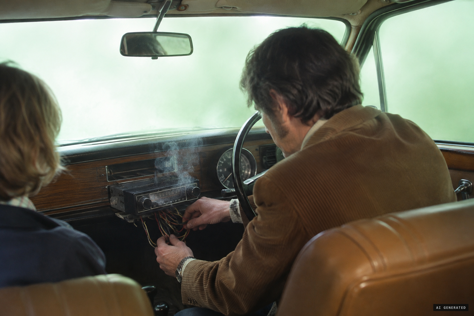 The radio smokes, the lights die and the car fills with light