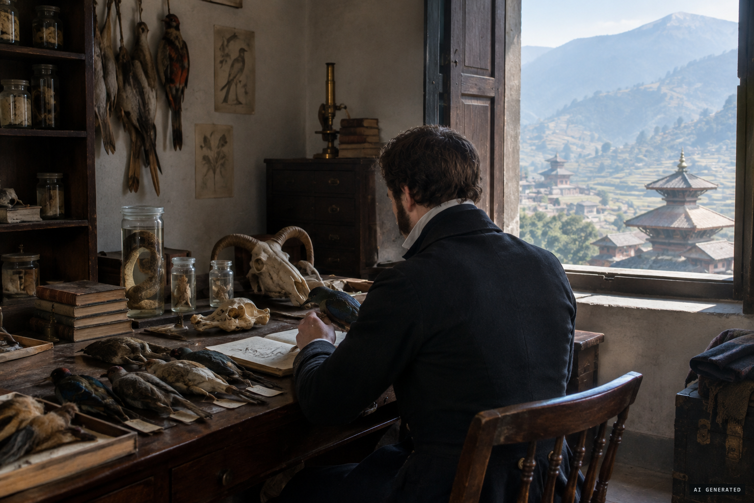 Brian Houghton Hodgson, East India Company servant and tireless naturalist, among his Nepal collections.