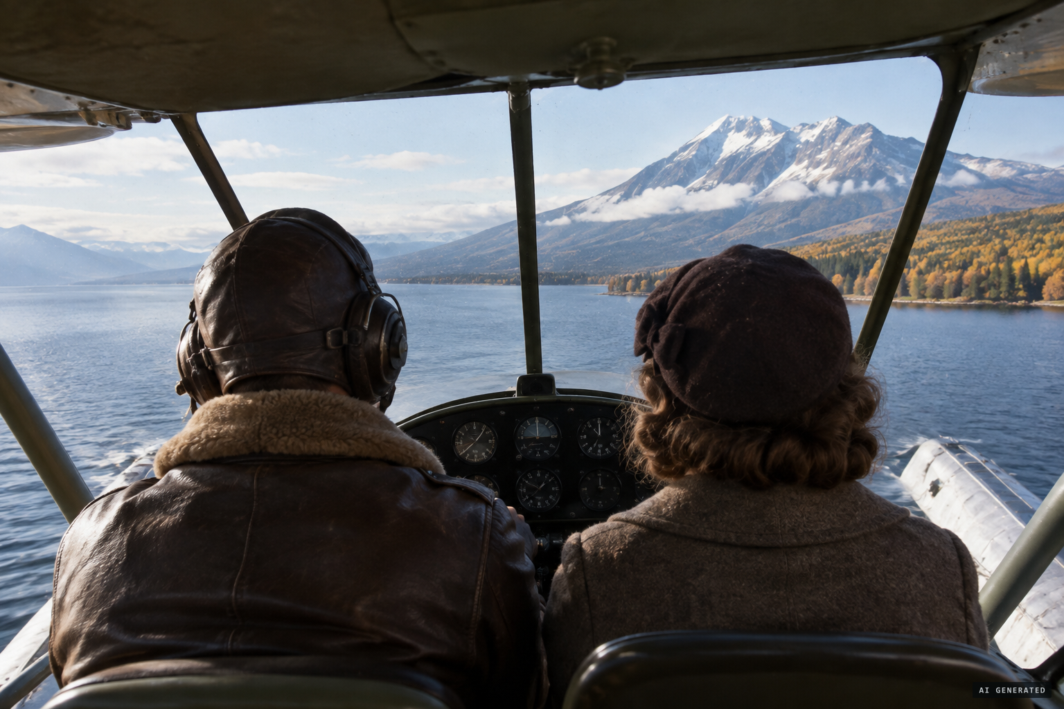 Babe Alsworth flies his floatplane over the lake toward Iliamna with Bill Hammersley