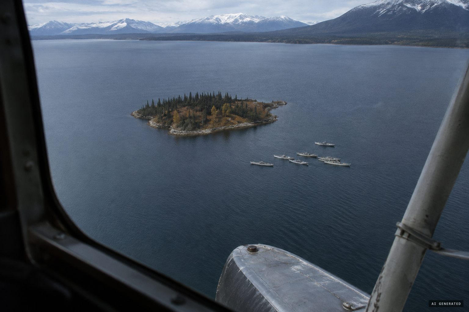 Near an island mid-lake, shapes like boats appear on the water