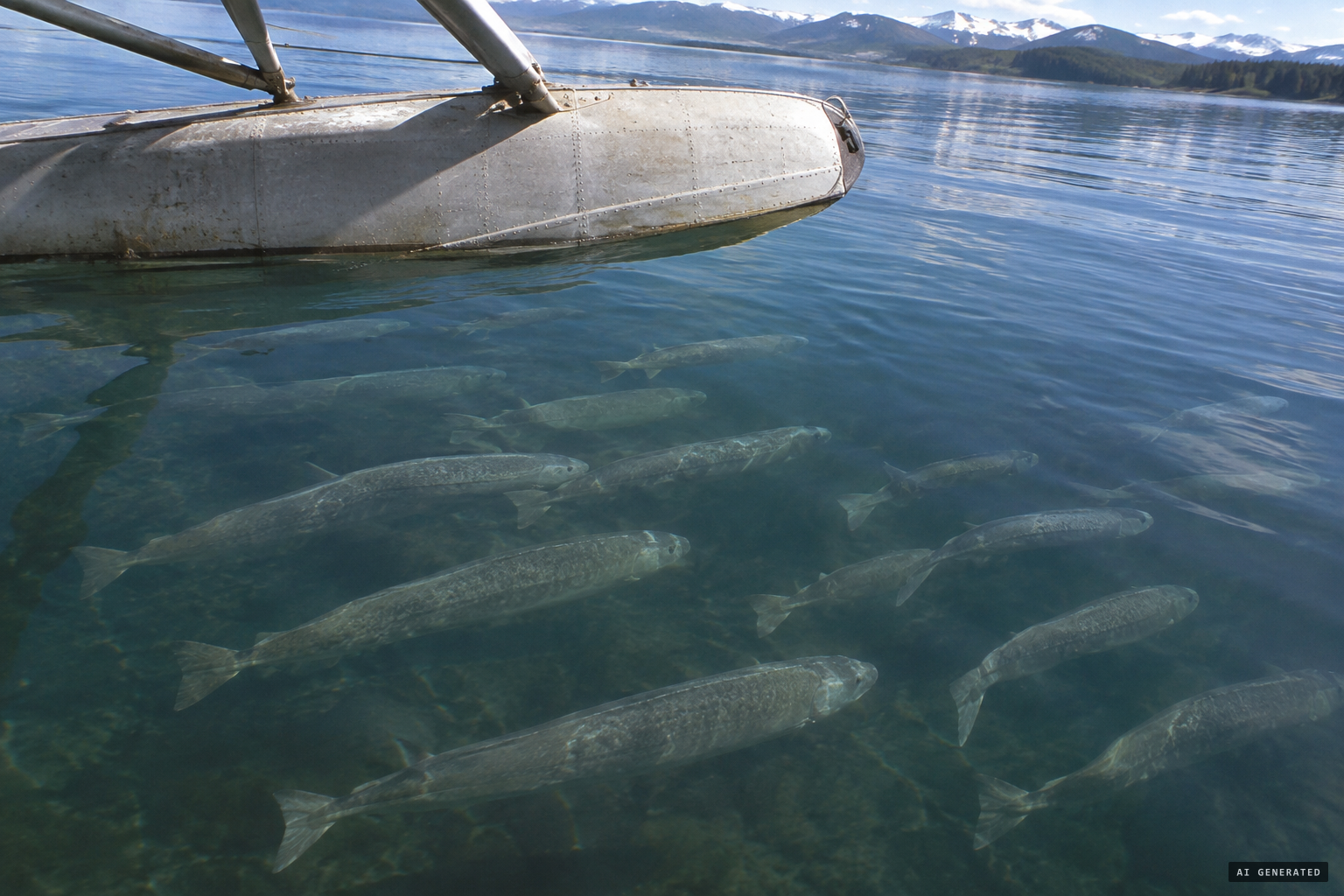 A school of aluminum-coloured animals, longer than the floats, like mini-submarines