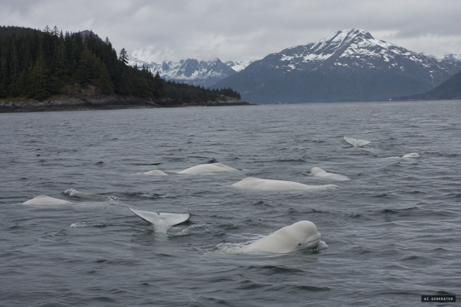 Belugas: white backs, tapering heads and horizontal tails, unlike what was seen