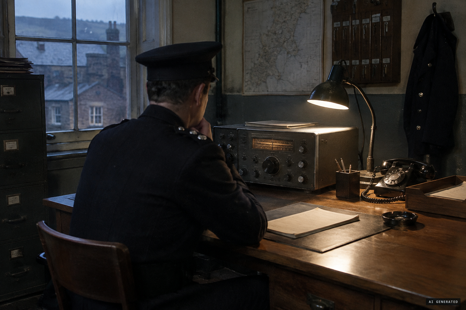 PC Earnshaw hears the station's short-wave radio crackle at 05:30
