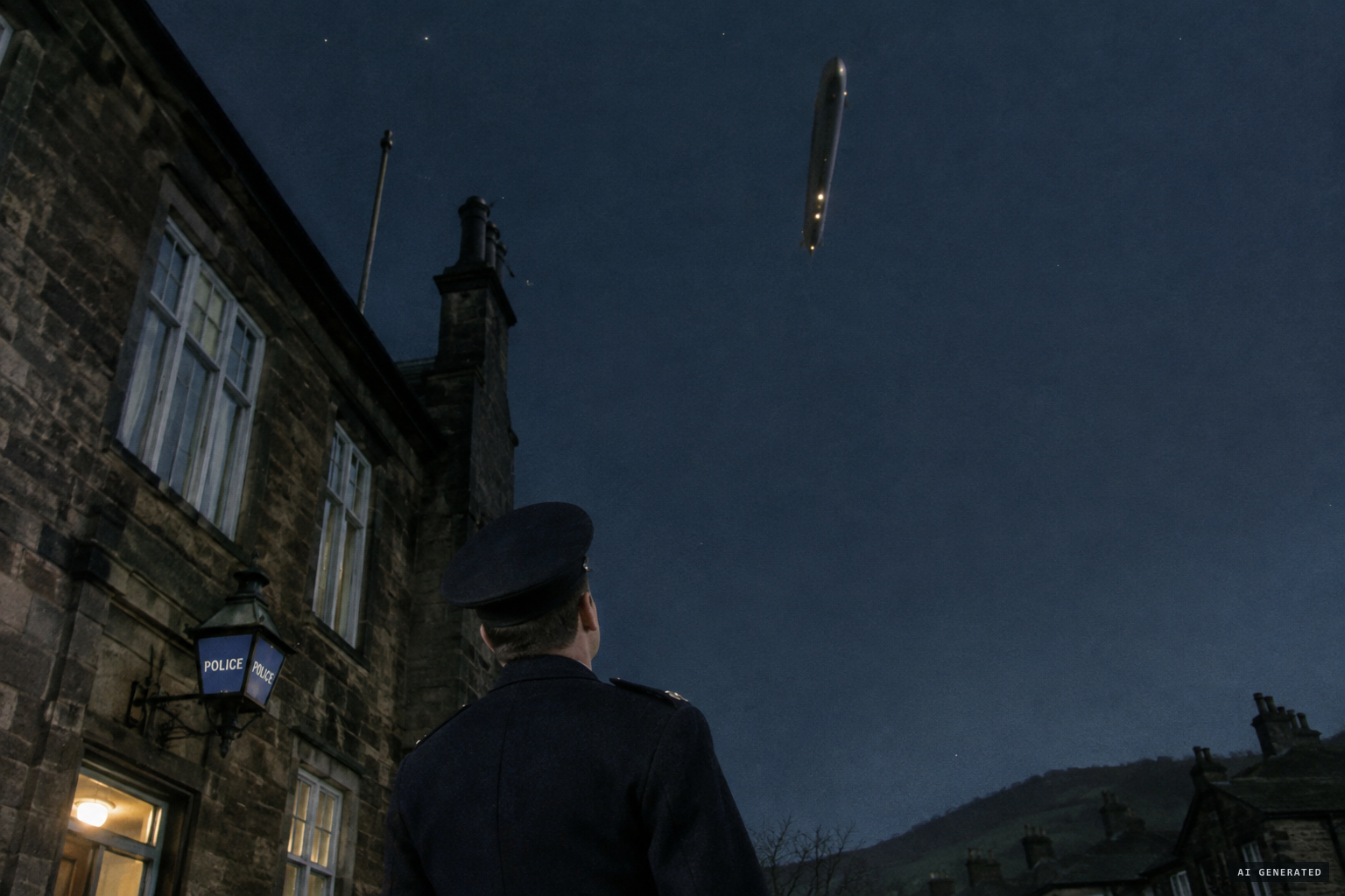 A cigar-shaped object hovers about 250 feet above the station