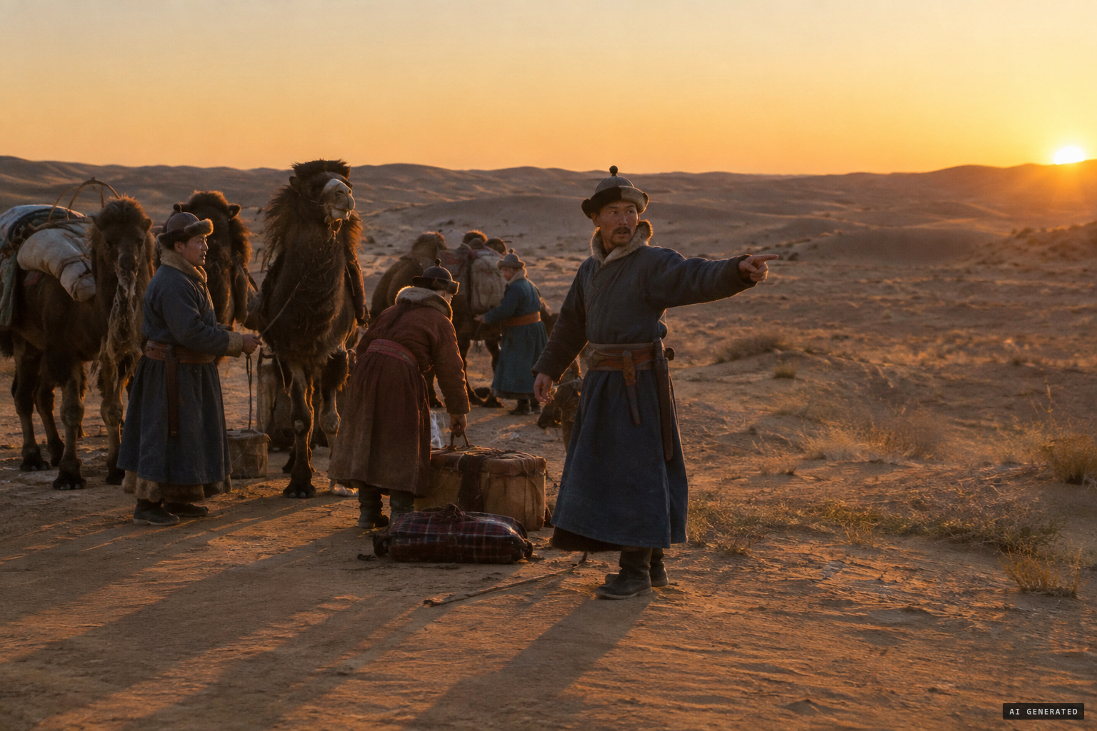 Near sunset, as the caravan stops for the night, the leader cries out