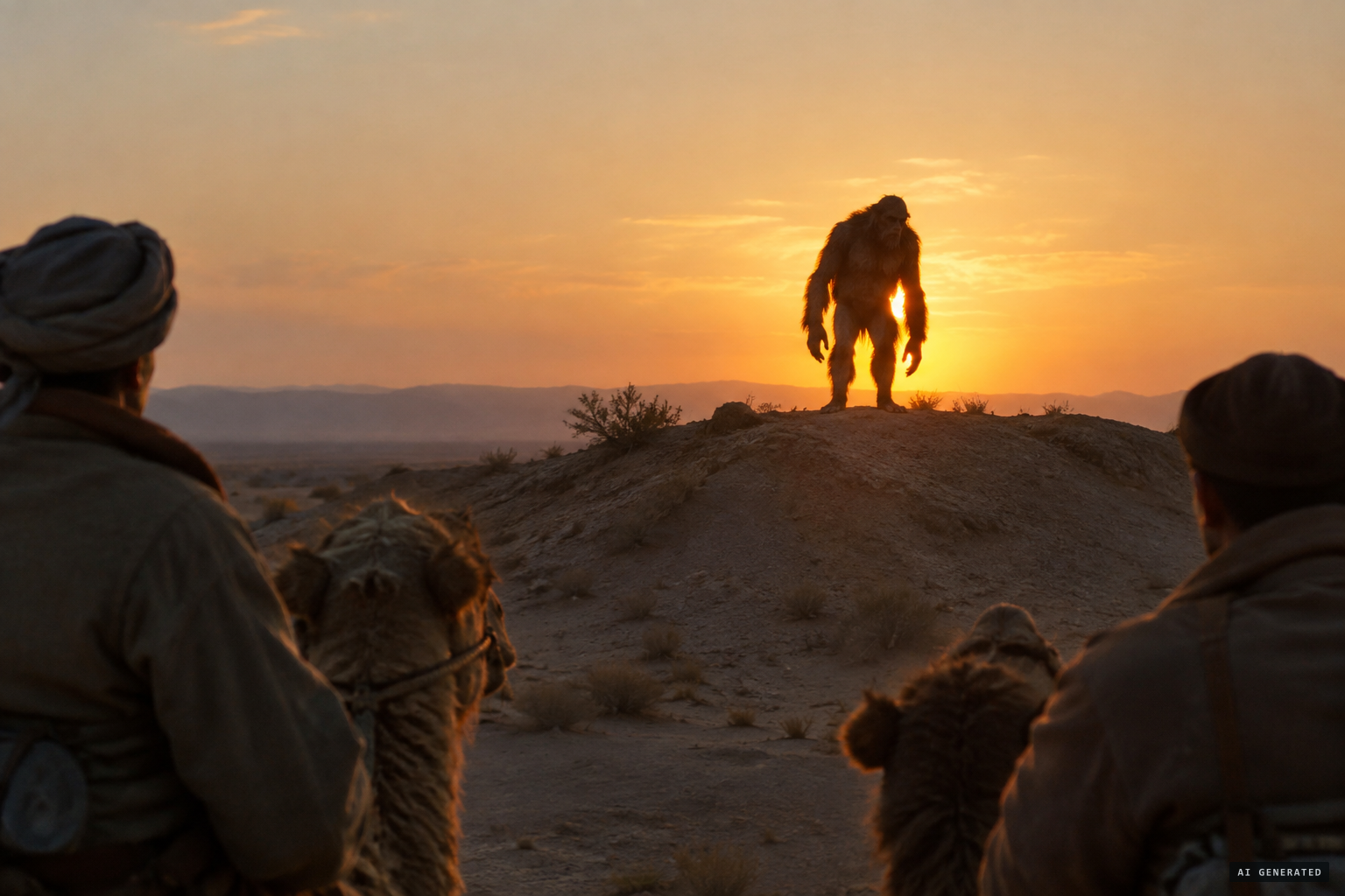 The figure of a hairy man, like an ape, on a sandy mound lit by the setting sun
