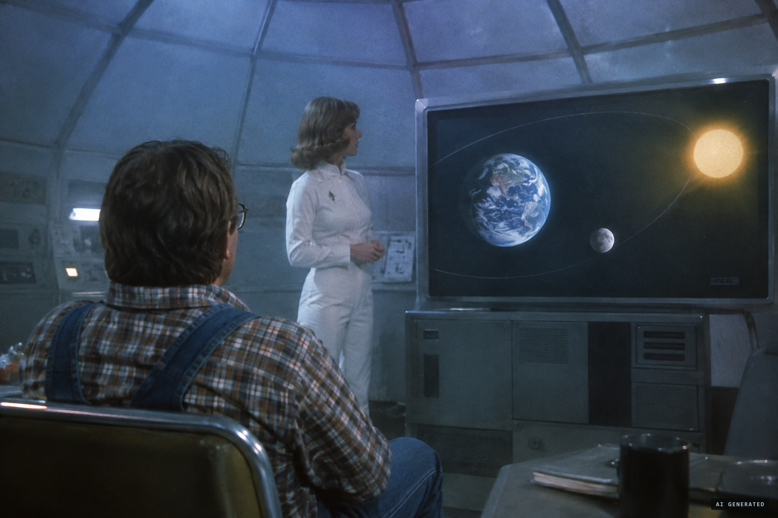 A woman in white shows him the Earth, the Sun and the Moon