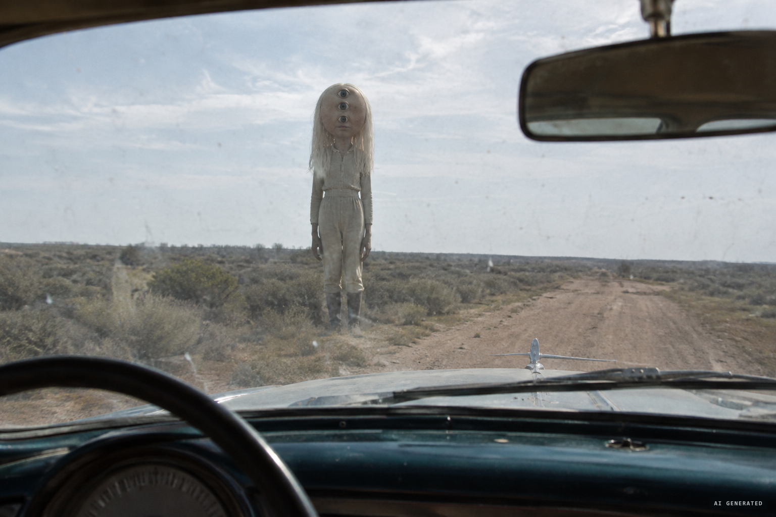 A very tall being with a watermelon-large head, white hair and three unblinking eyes