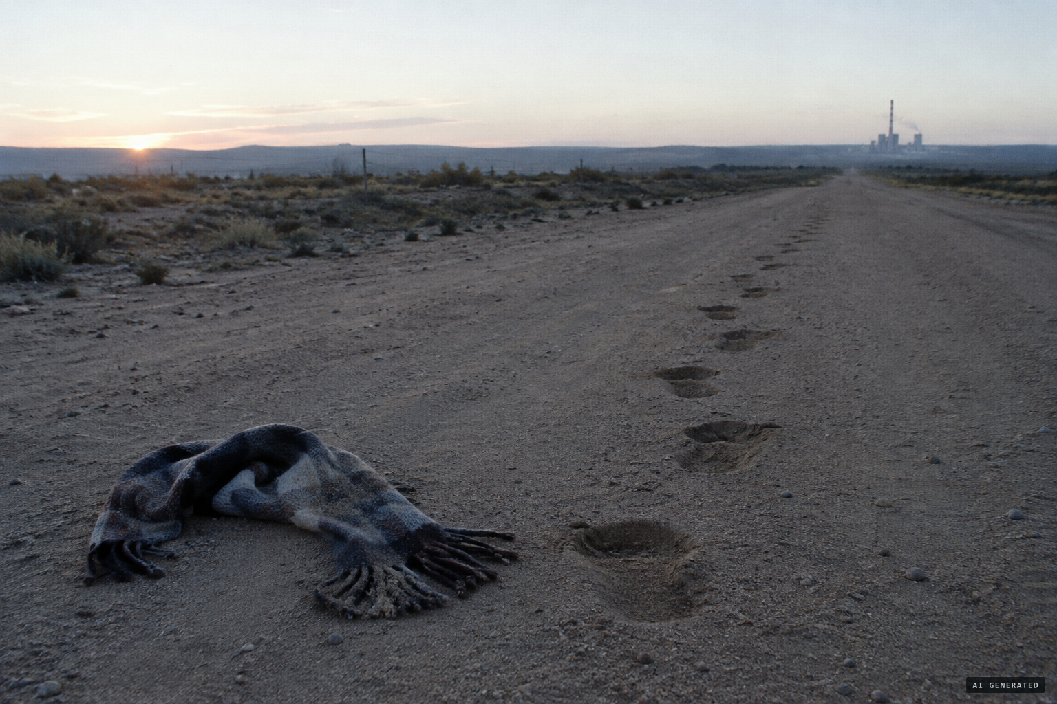 A sandy road, a scarf on the ground and footprints leading away