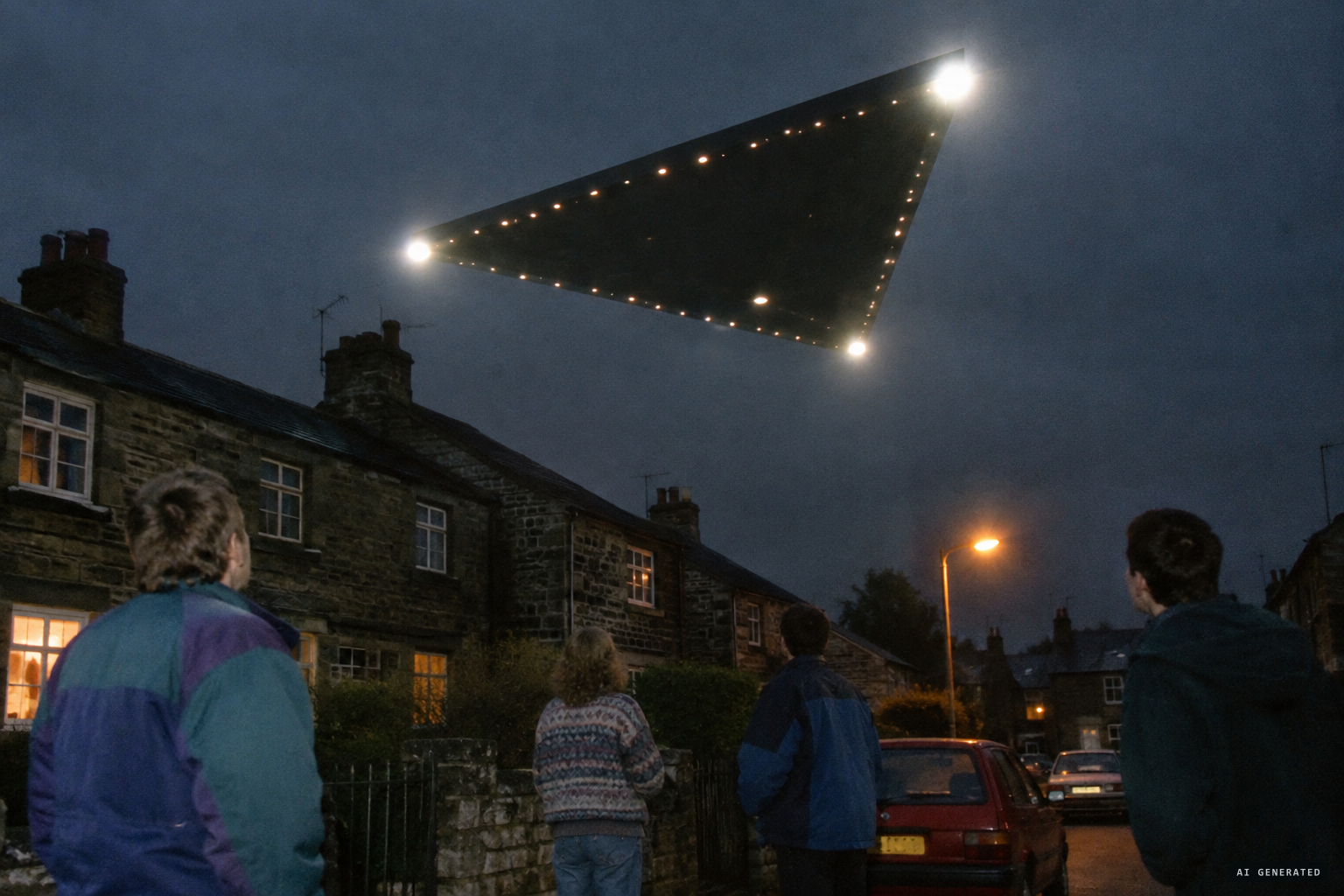 A huge black triangle with a bright light on each corner