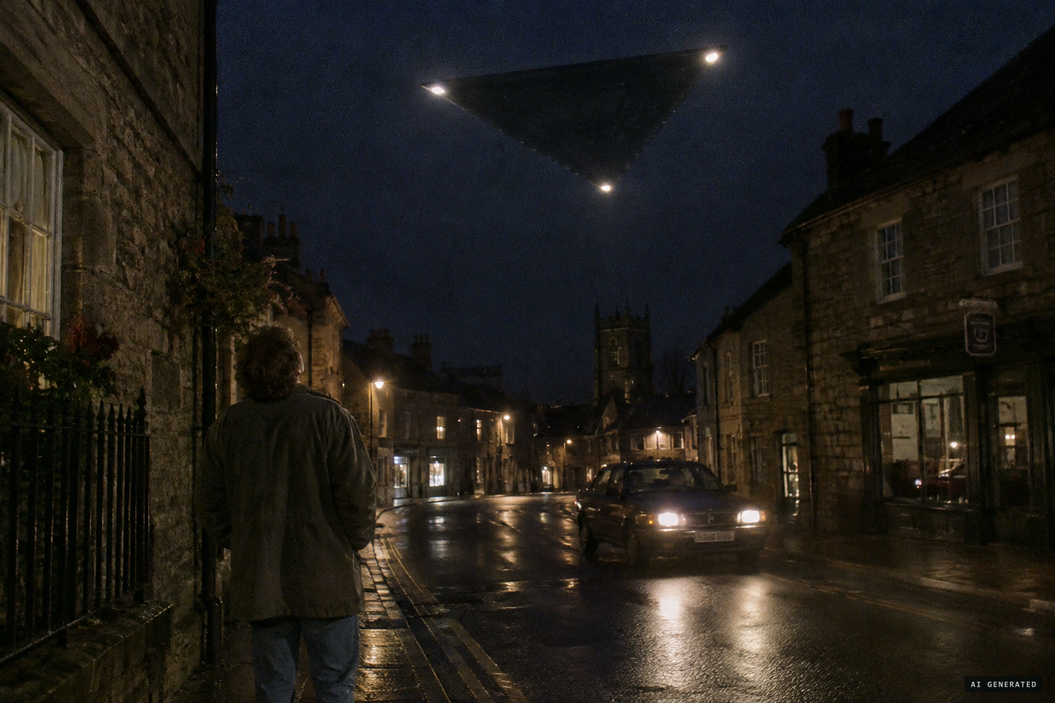 A town looking up as a dark shape drifts slowly over