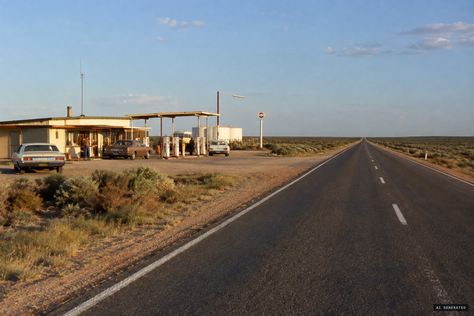 The Eyre Highway at Balladonia, start of the long straight to Caiguna