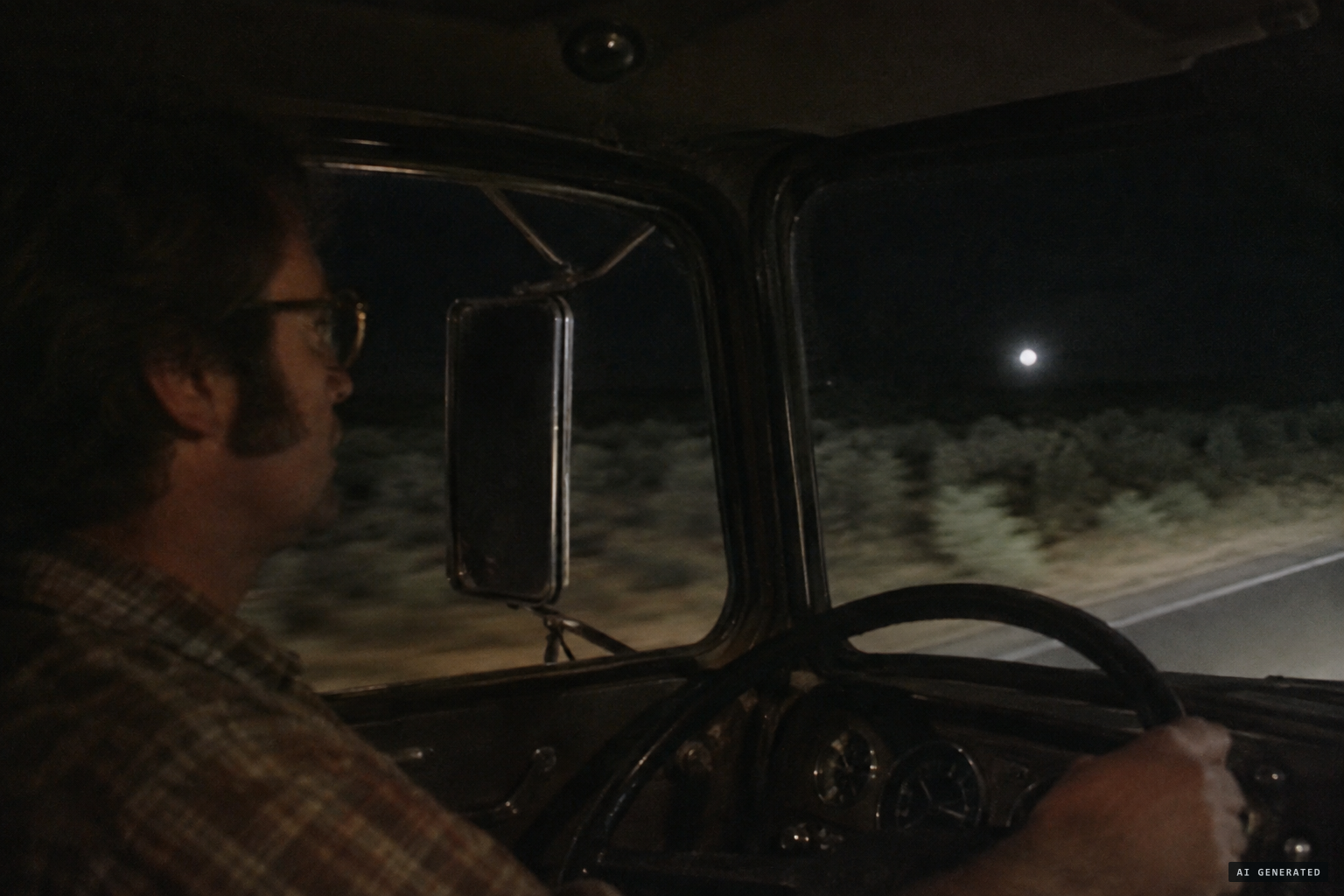 A round, dull white light pacing the truck on his right