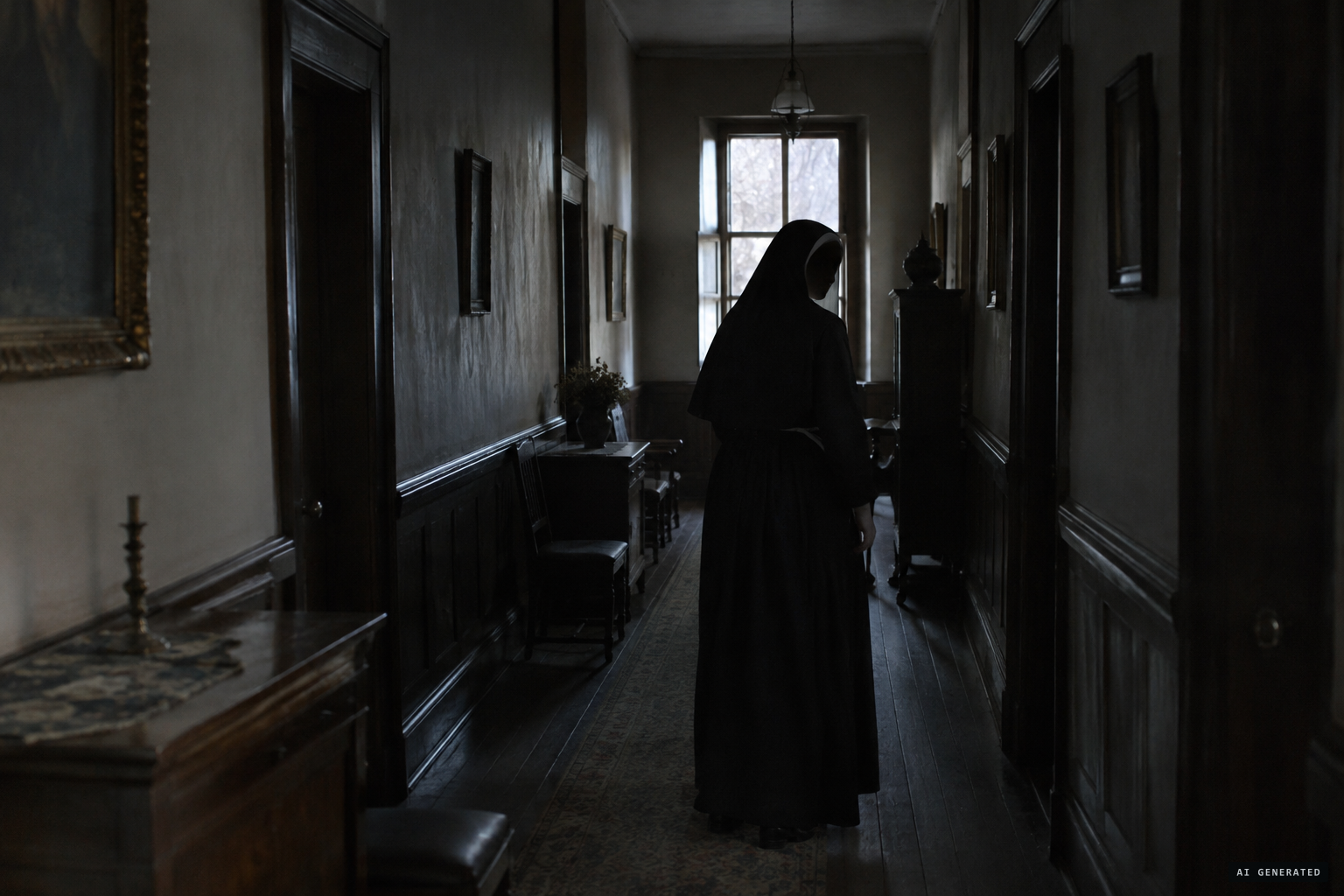 The black nun stops, turns and looks at Freer