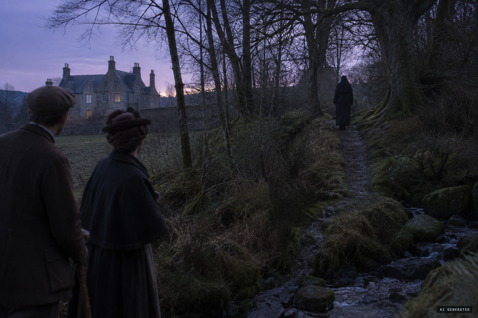 A figure dressed as a nun moves slowly up the glen and disappears under a tree