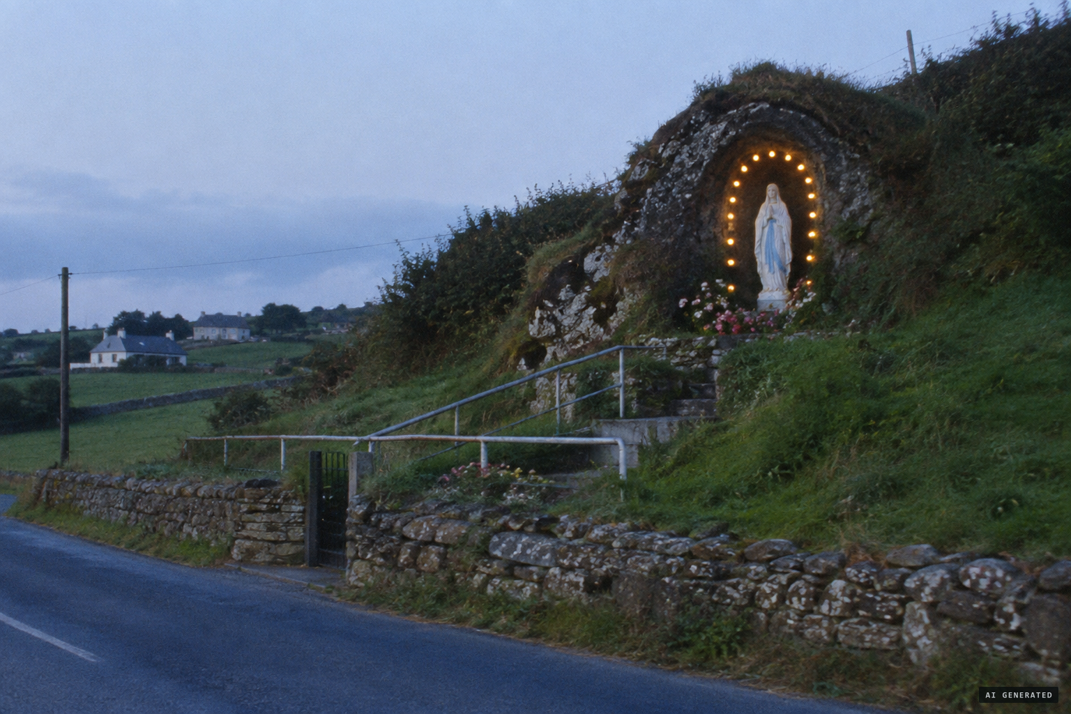 The Marian Year grotto at Ballinspittle, its concrete Madonna ringed by 11 lights