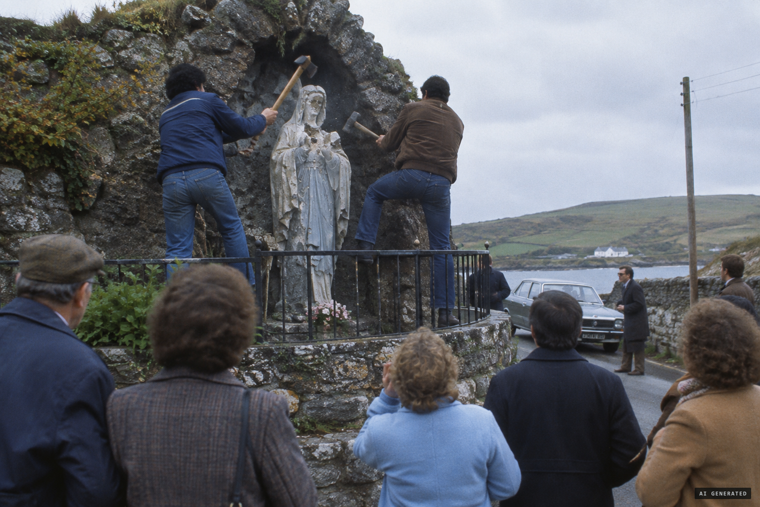 Attackers strike the statue with an axe and a hammer