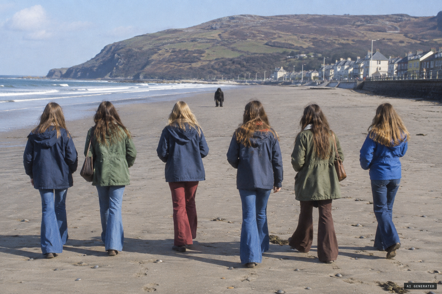 Six schoolgirls on Llanaber beach, a black creature 200 yards ahead