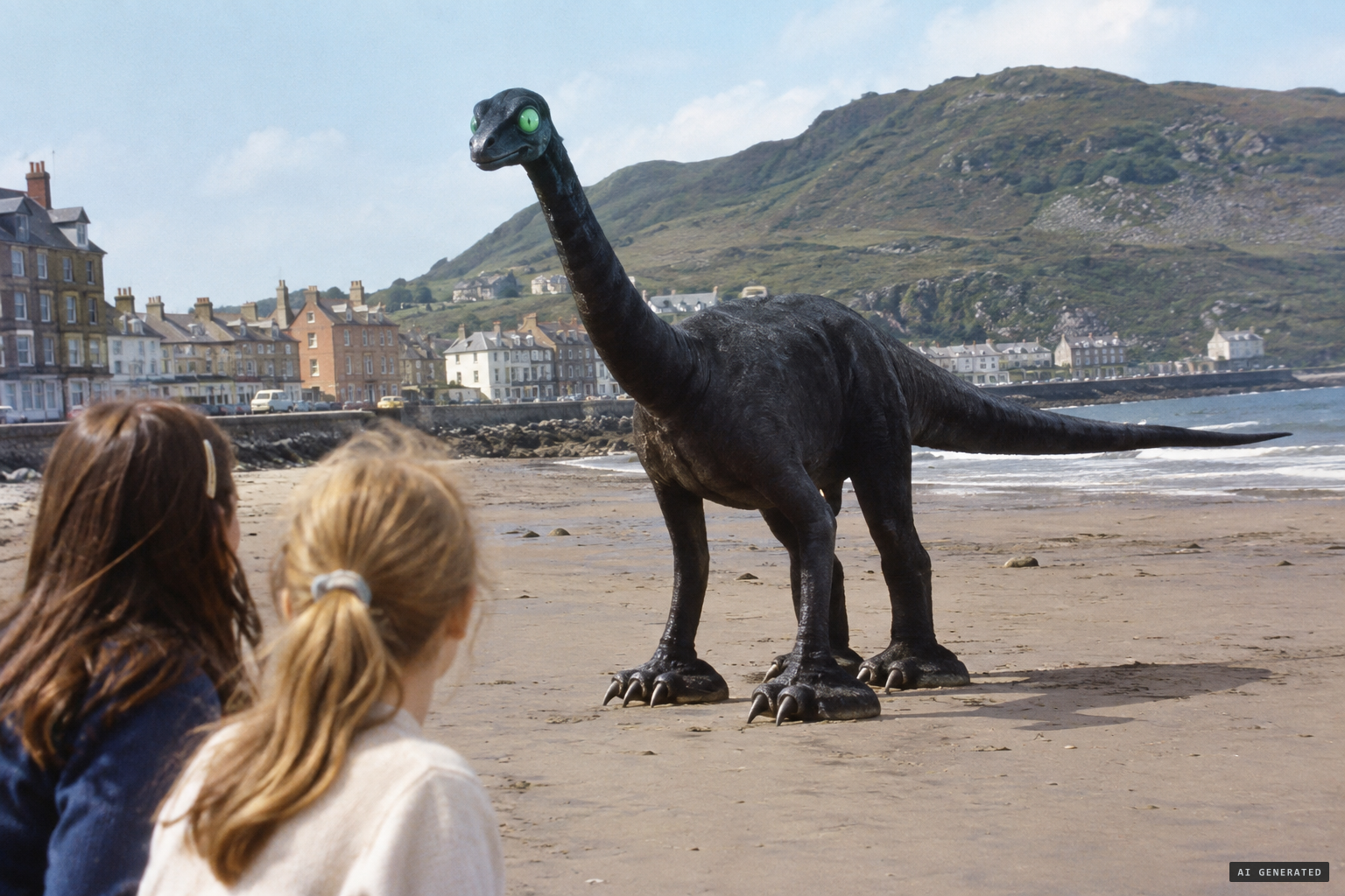 Like a dinosaur: long neck, long tail and huge green eyes