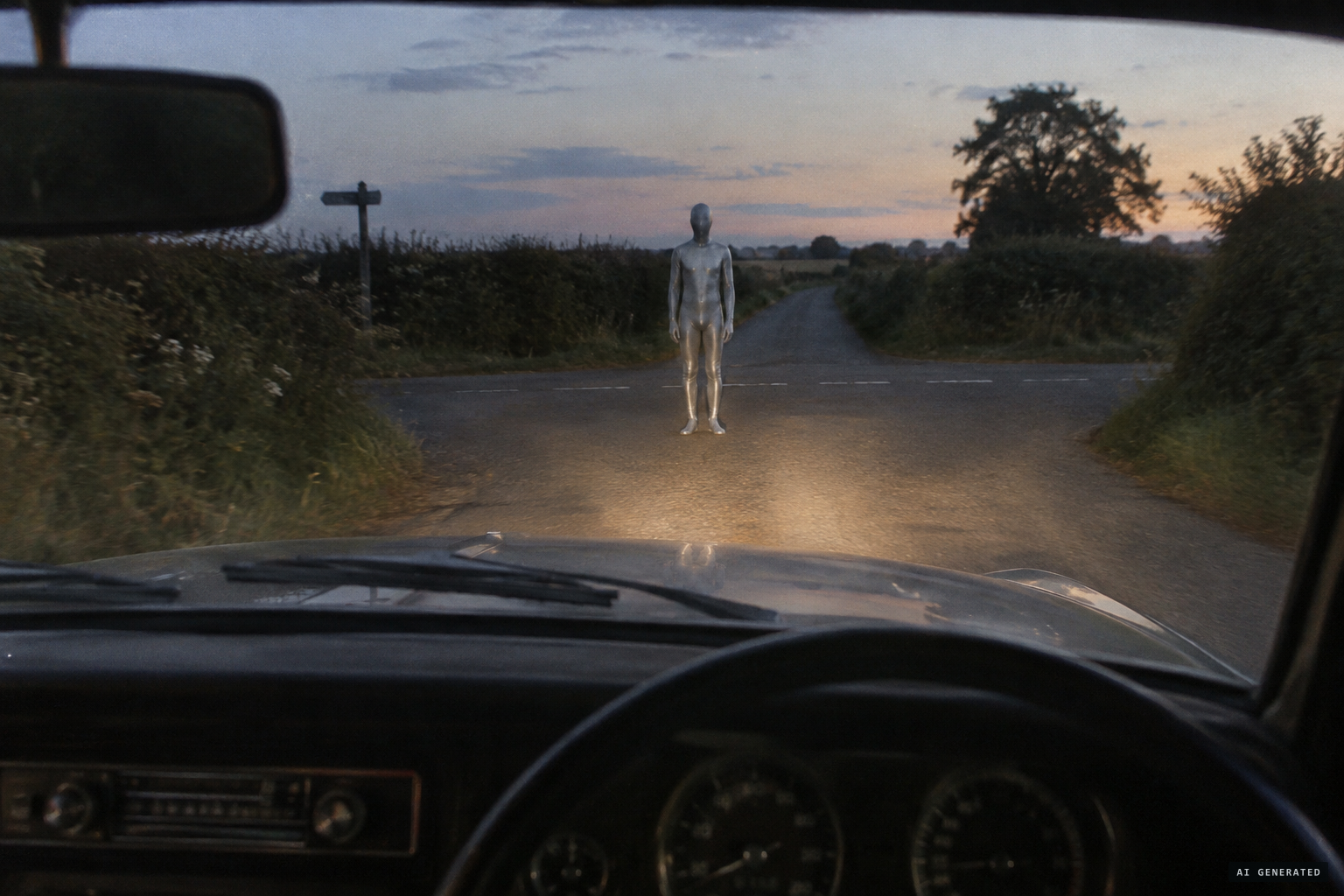 Motorists see a silver humanoid standing in the middle of the junction