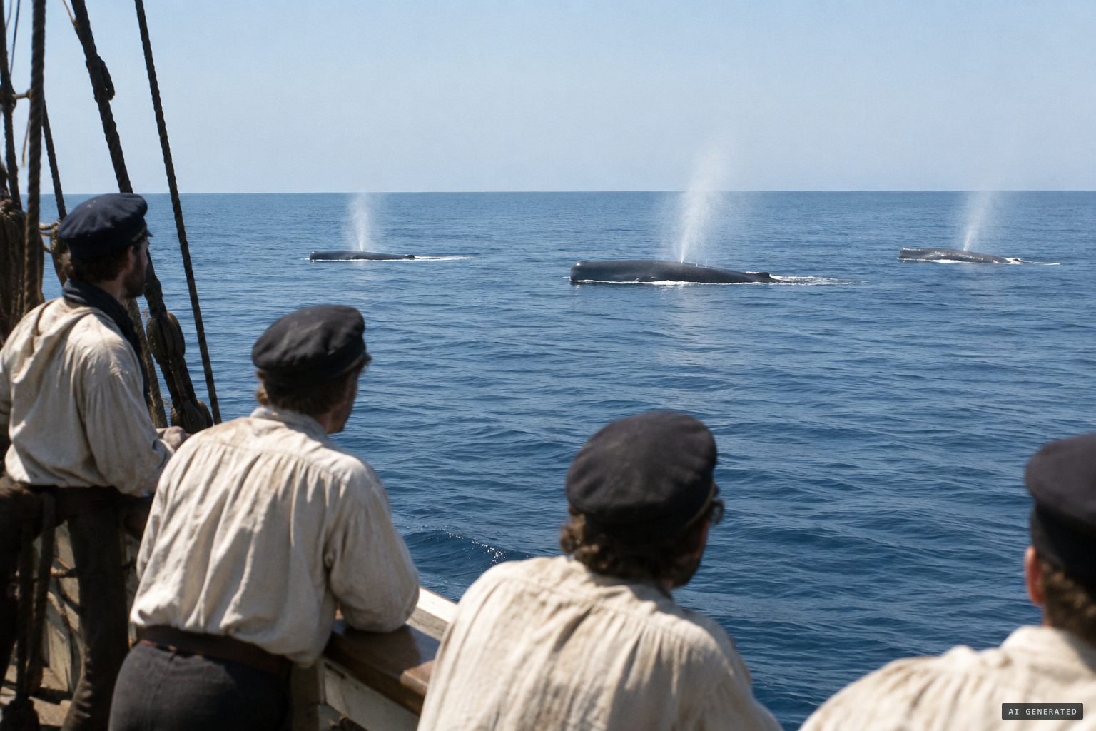The crew watch three large sperm whales