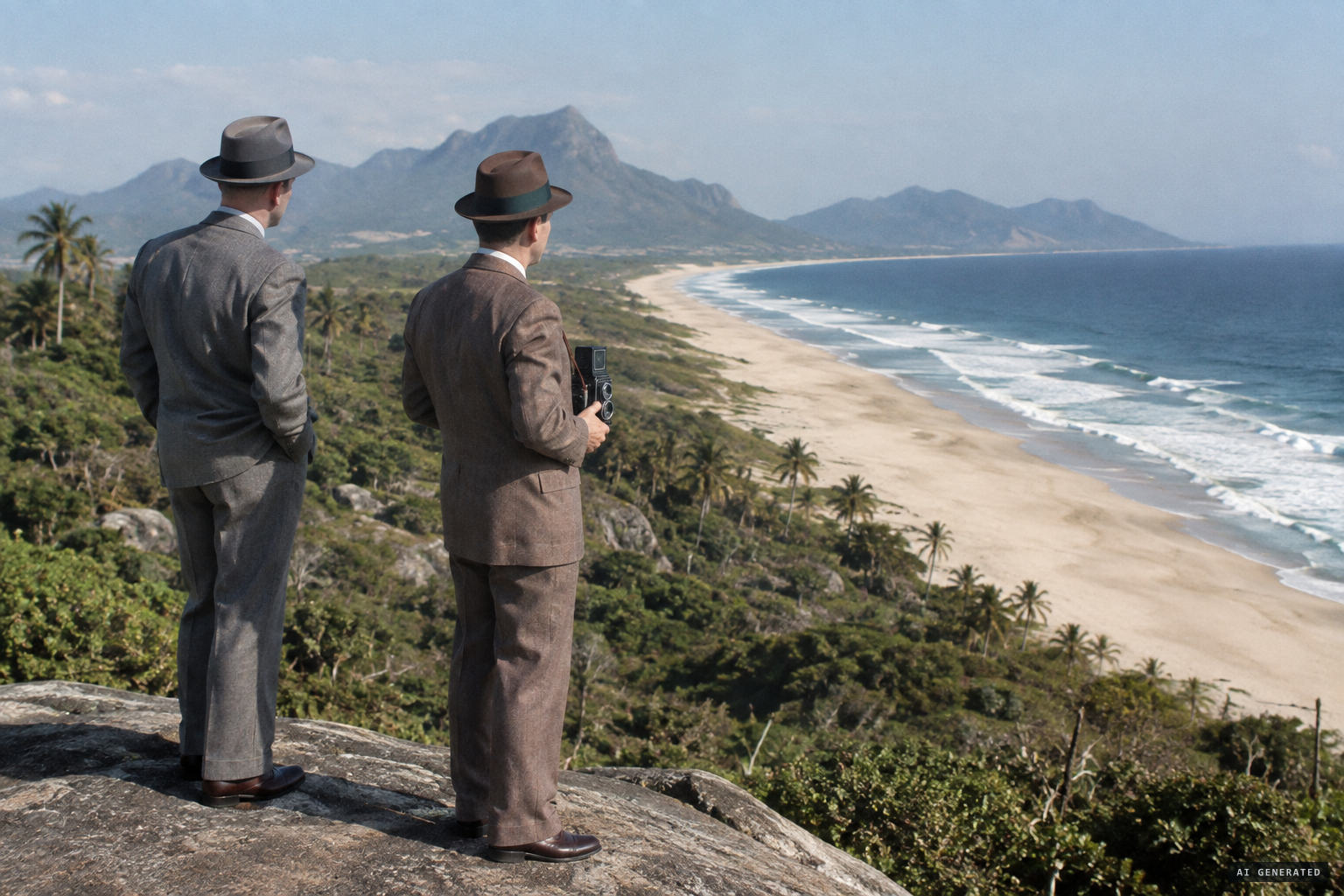 Reporter João Martins and photographer Ed Keffel on the cliff at the remote Barra da Tijuca coast