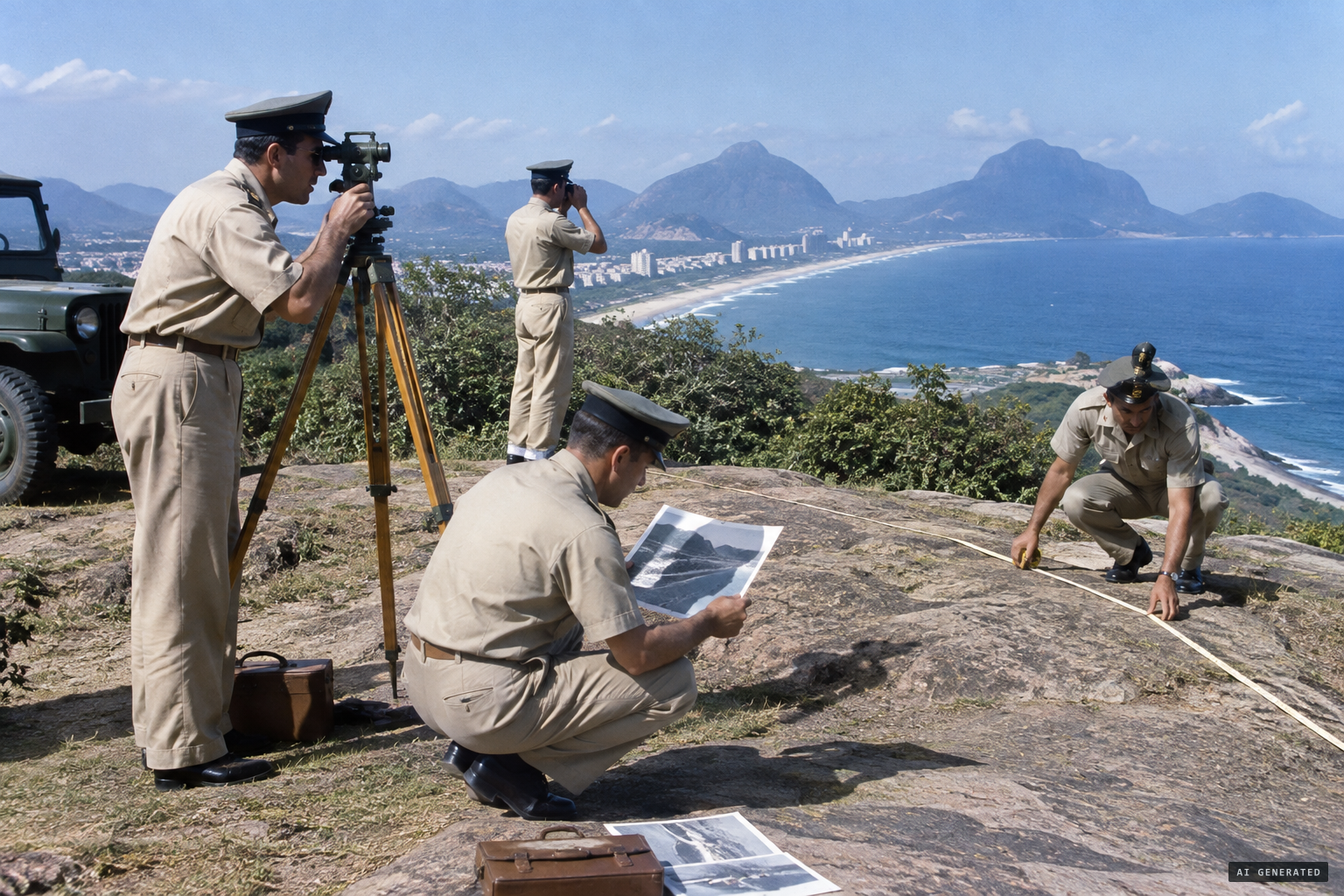 Brazilian Air Force officers study the sun, distances and shadows at the site