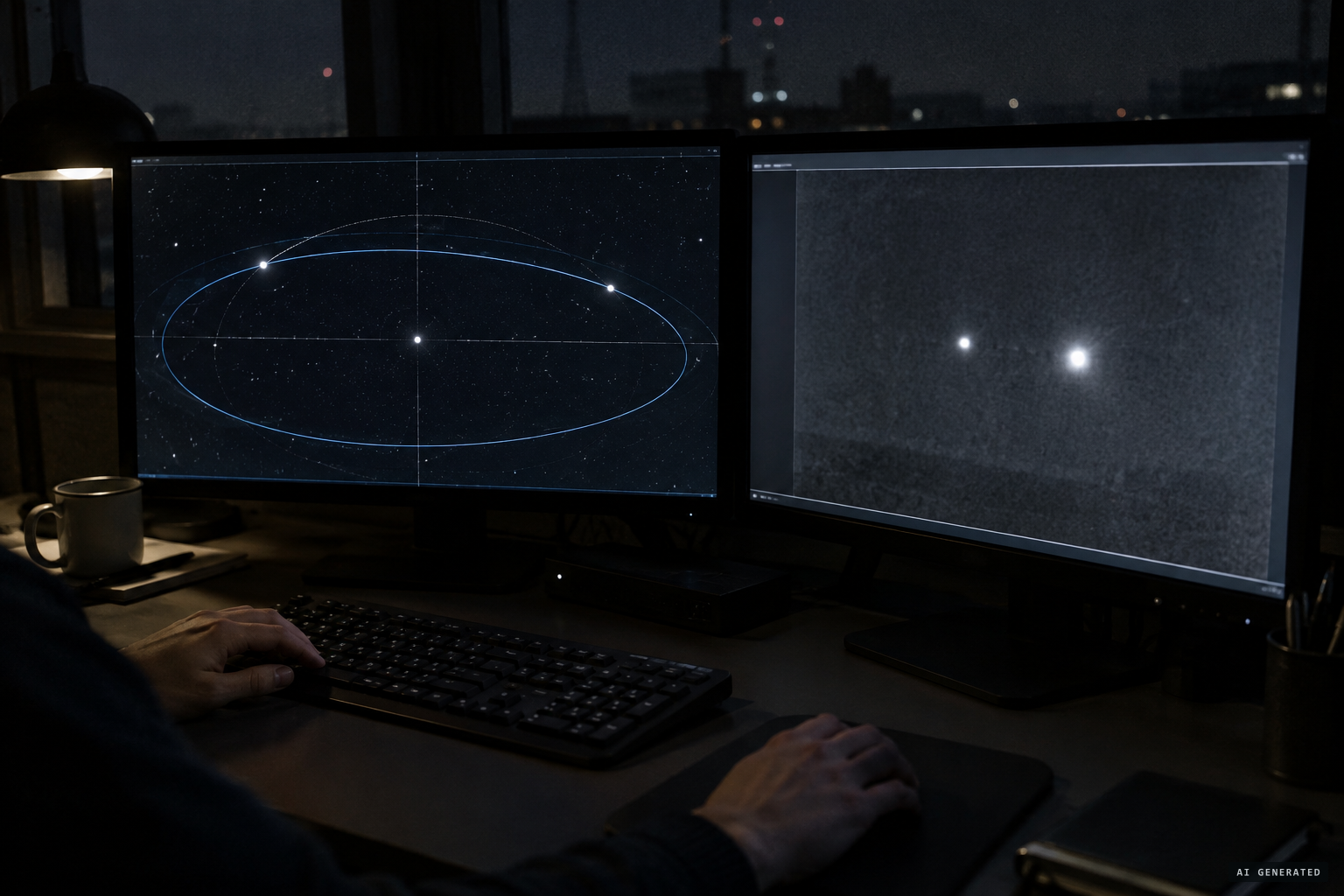 The vigil's two lights matched to flaring Starlink satellites in a sky simulation