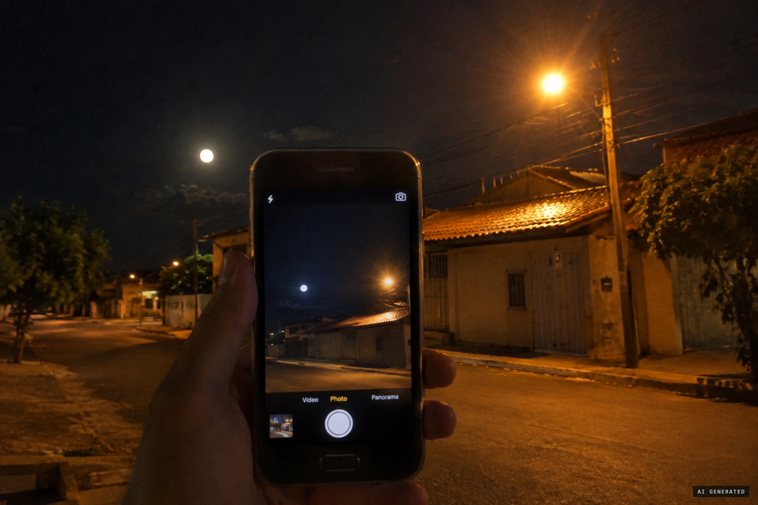 The viral Boa Vista photo: the Moon and a streetlight aimed at a roof