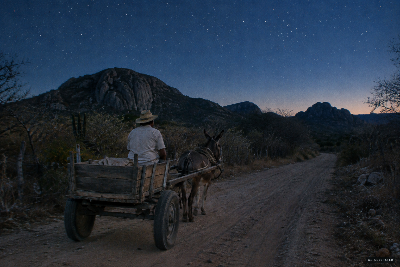 Before dawn, Barroso travels the road to his farm in a donkey cart