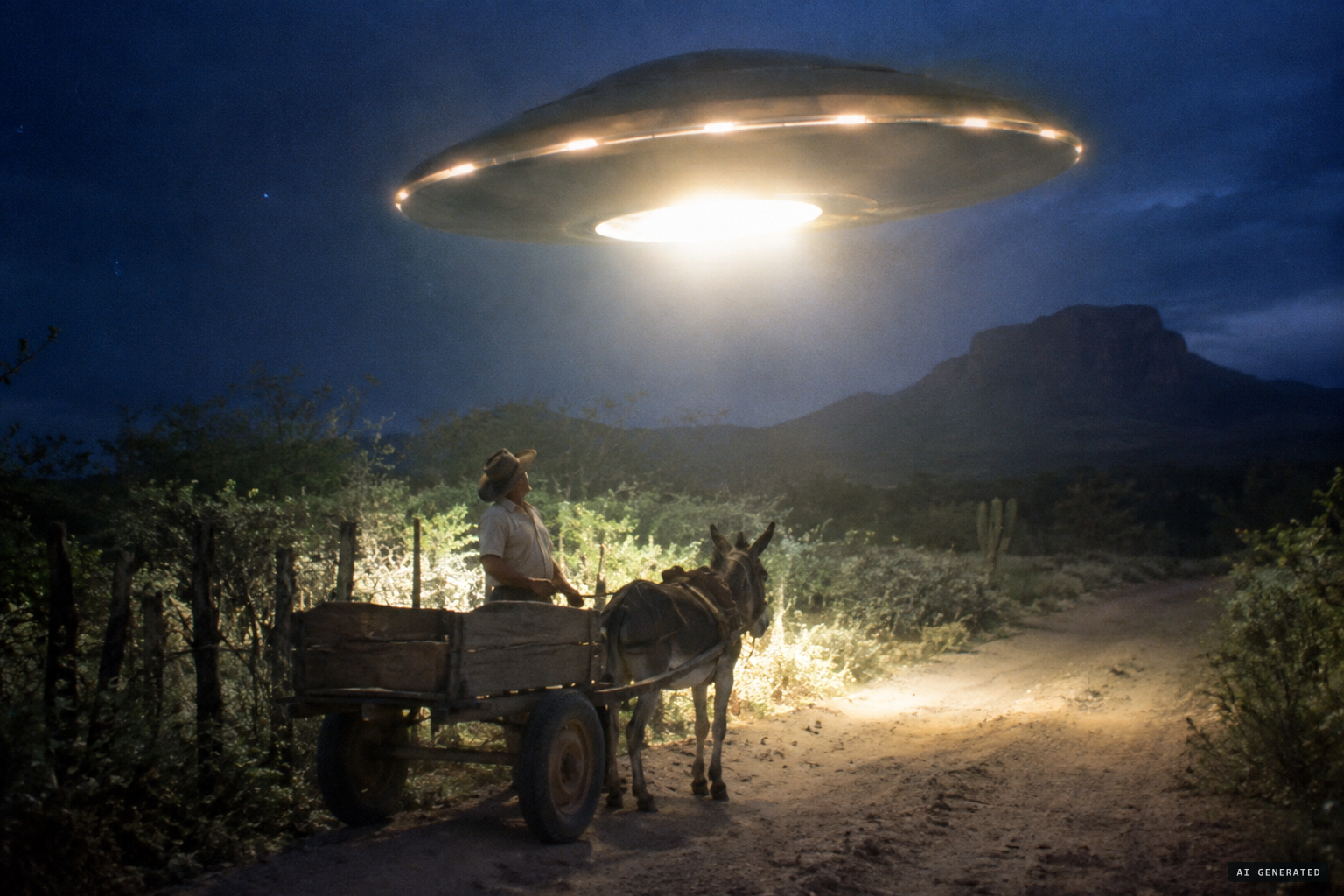 A large lighted object descends and hovers over Barroso and his donkey